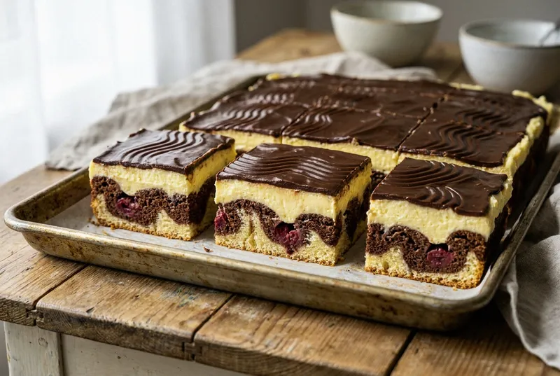 Donauwelle vom Blech in Stücke geschnitten, mit marmoriertem Teig, Kirschen, Buttercreme und Schokoglasur (KI-generiertes Bild)