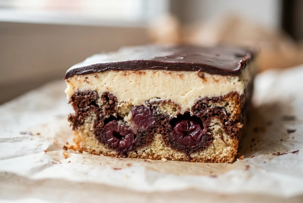 Querschnitt eines Donauwelle-Stücks mit Glasur, Buttercreme, marmoriertem Teig und Sauerkirschen (KI-generiertes Bild)