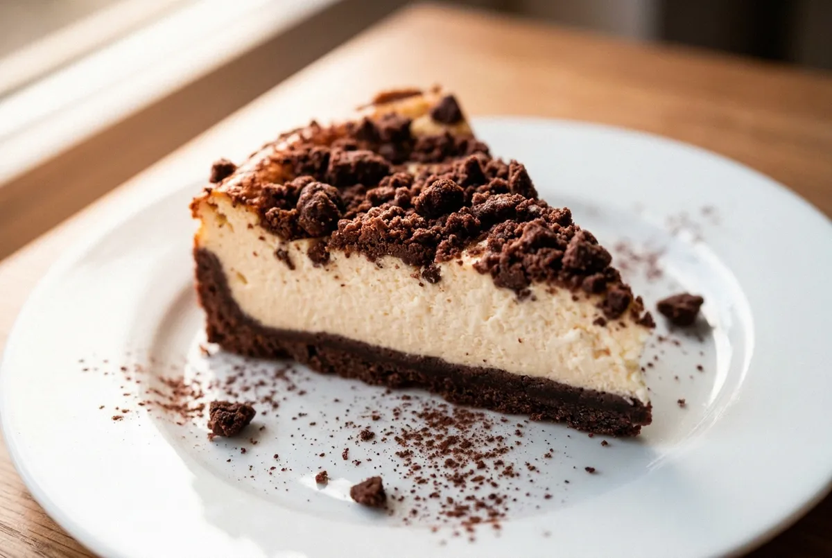 Scheibe Russischer Zupfkuchen mit sichtbarem Kakaoboden und Quarkschicht auf weißem Teller (KI-generiertes Bild)