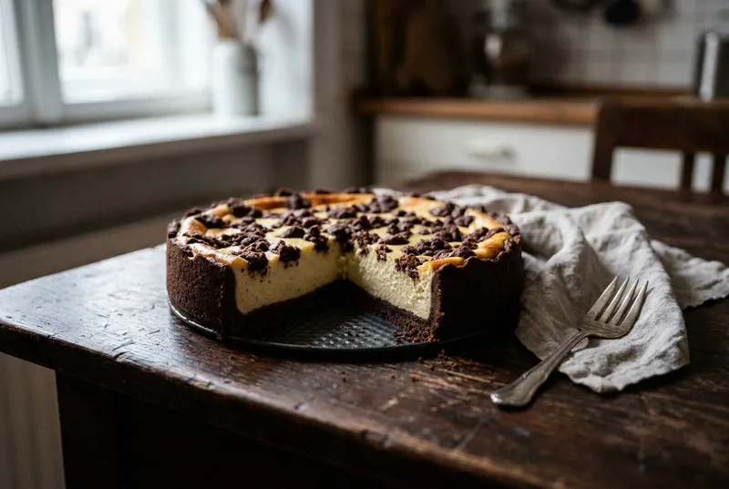 Russischer Zupfkuchen mit dunklem Kakaoboden, heller Quarkfüllung und Teigflocken, eine Scheibe herausgeschnitten (KI-generiertes Bild)